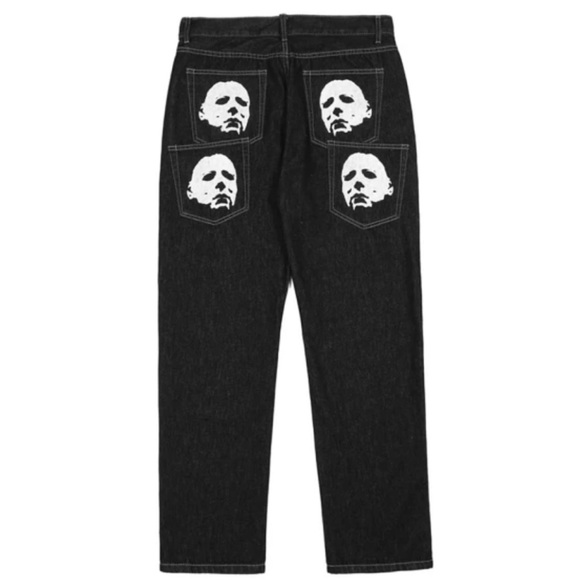 Spoof Portrait Print Denim Pants Mens High Street Funny Loose Straight-leg Pants - Picture 1 of 7